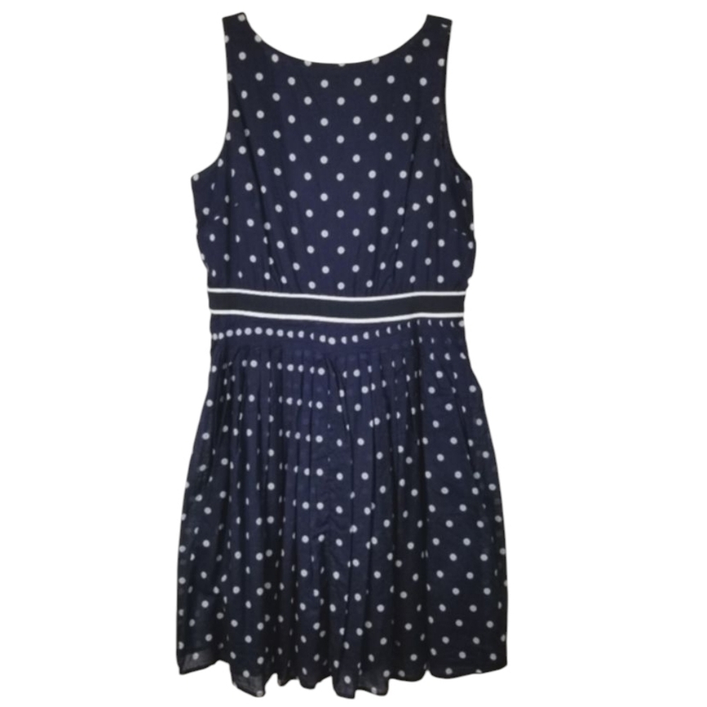 Talbots Size 14P Sleeveless Pleated Dress Cotton Blue White Polka Dot Coastal - Picture 2 of 12